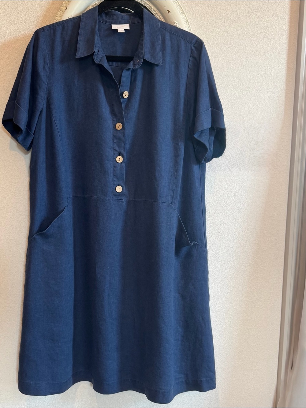 J. Jill Love Linen Navy Blue 100% Linen Dress with Pockets M